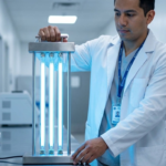 Técnico inspeccionando un sistema de desinfección con lámparas UV-C para verificar su vida útil y programar su reemplazo preventivo.