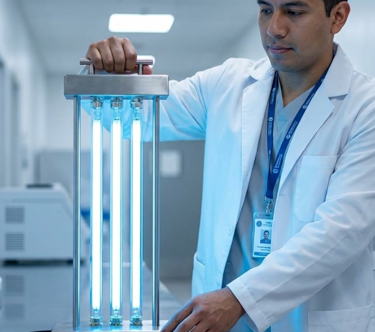 Técnico inspeccionando un sistema de desinfección con lámparas UV-C para verificar su vida útil y programar su reemplazo preventivo.