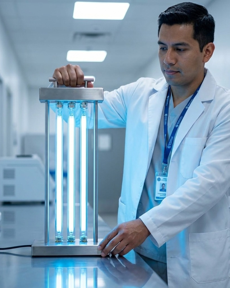 Técnico inspeccionando un sistema de desinfección con lámparas UV-C para verificar su vida útil y programar su reemplazo preventivo.